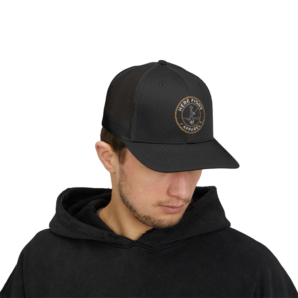 Here Fishy Apparel Trucker Hat – Embroidered Fishing Logo Snapback