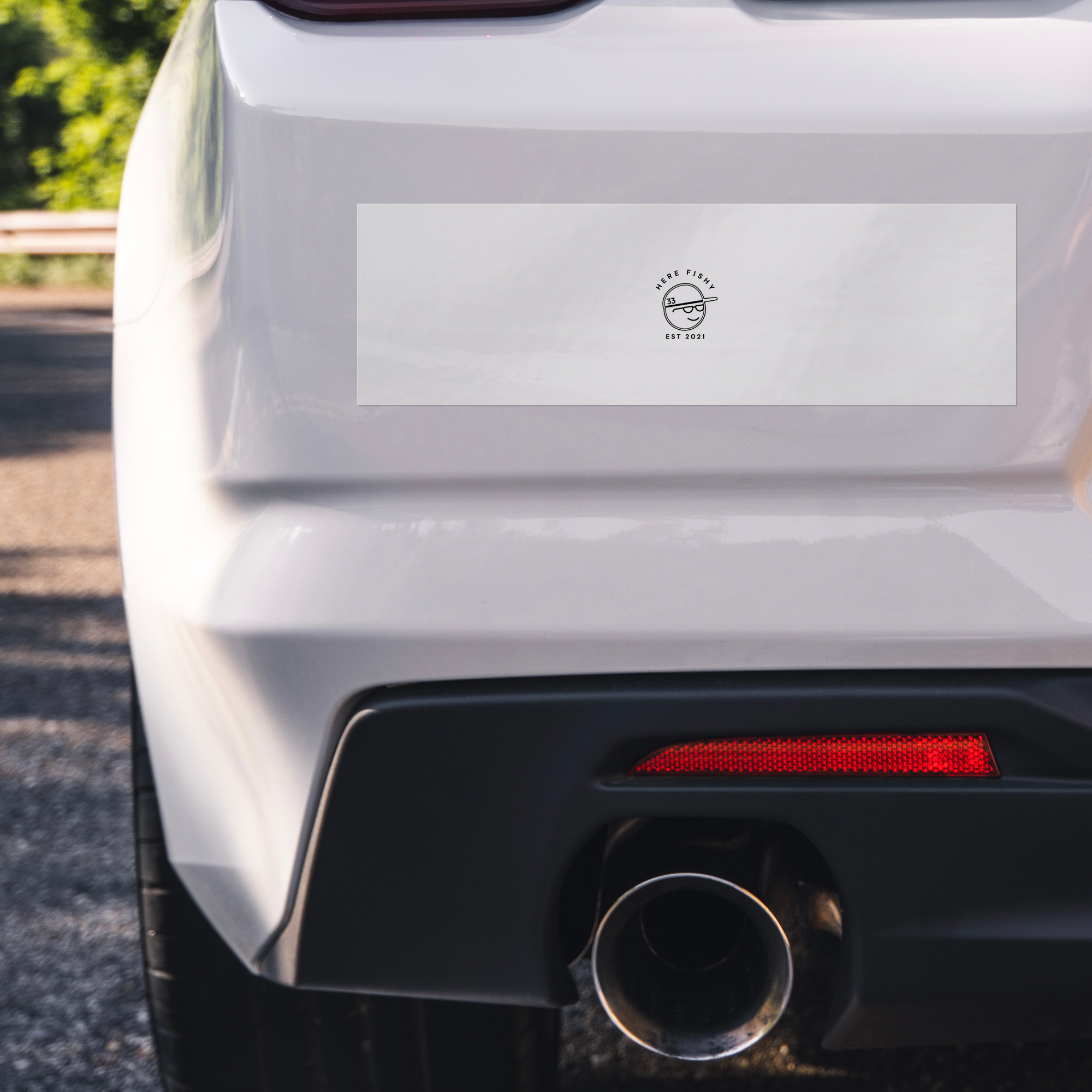 Here_Fishy_Bumper_Sticker_WhiteBumperSticker_Closeup_Bumper_Mockup.png_15756687